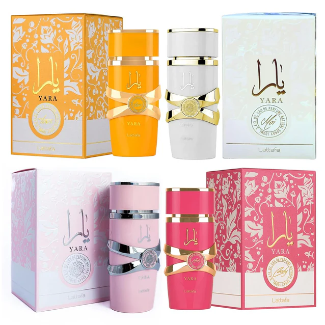 Lattafa 4 Piece Set Eau De Parfum Spray for Women (3.4 Ounce Yara + 3.4 Ounce Yara Moi + 3.4 Ounce Yara Tous + 3.4 Ounce Yara Candy)